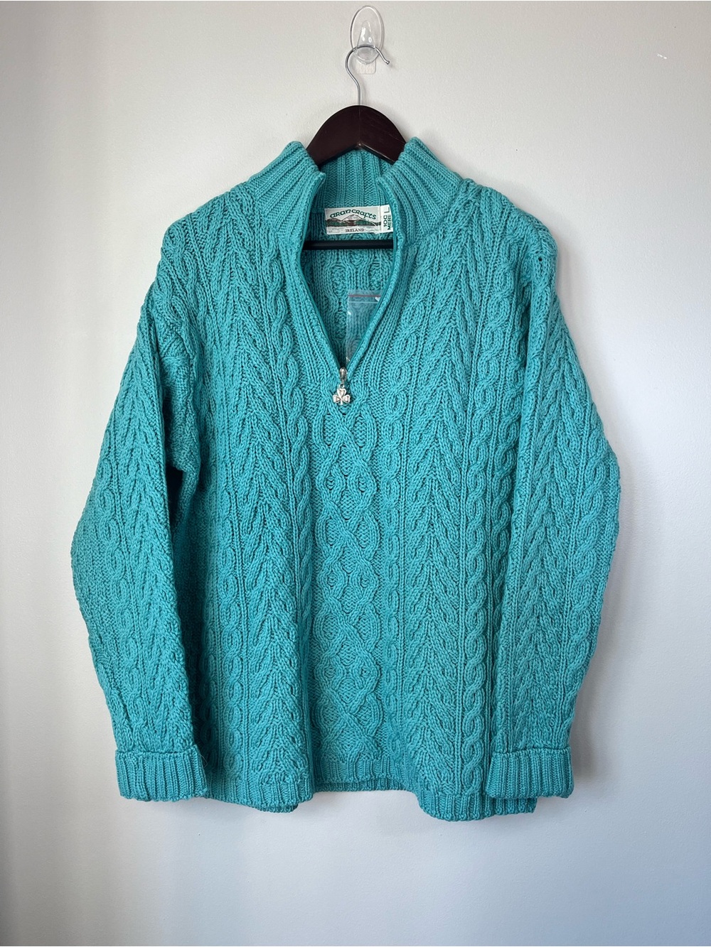 NWOT Aran Crafts Womans L Turquoise Merino Wool Cable Knit 1/4-Zip Sweater- FLAW - Picture 3 of 15